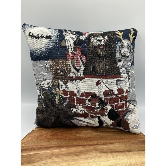 Tapestry Throw Pillow Velvet Back Dogs Cats Christmas Holiday Decor 10x9” - Picture 1 of 12